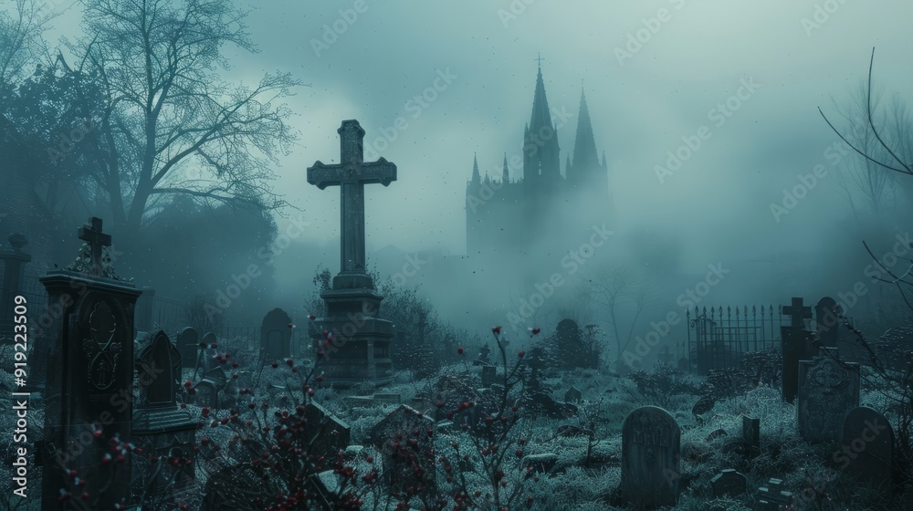 Foggy graveyard with crosses and distant castle during twilight Foggy graveyard with crosses and distant castle during twilight