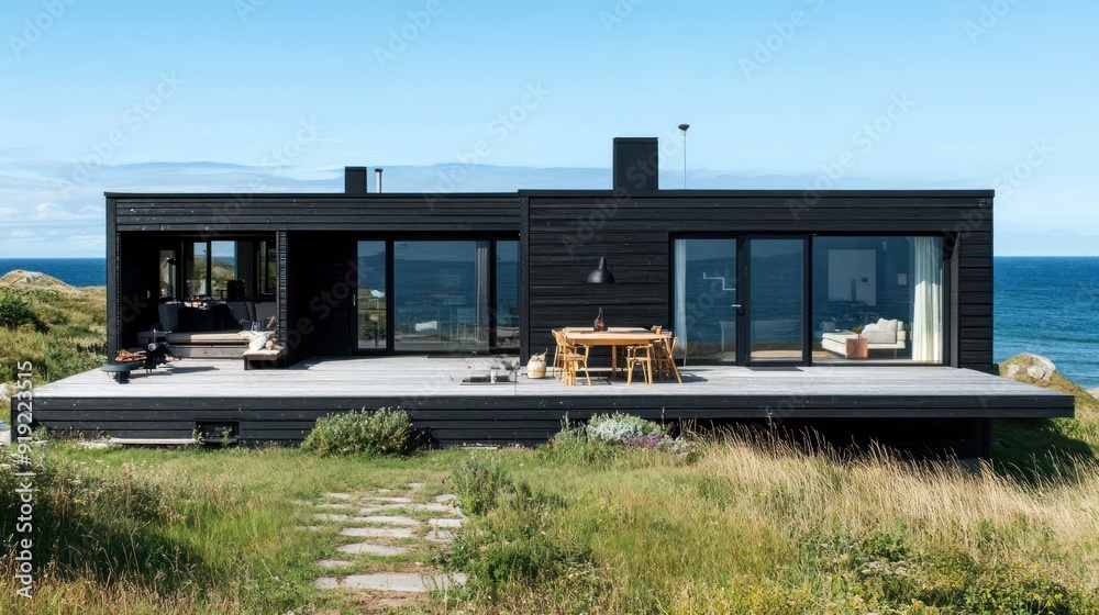 Modern minimal house, dark tone in nature by ocean, AI generated for Ads Modern minimal house, dark tone in nature by ocean, AI generated for Ads