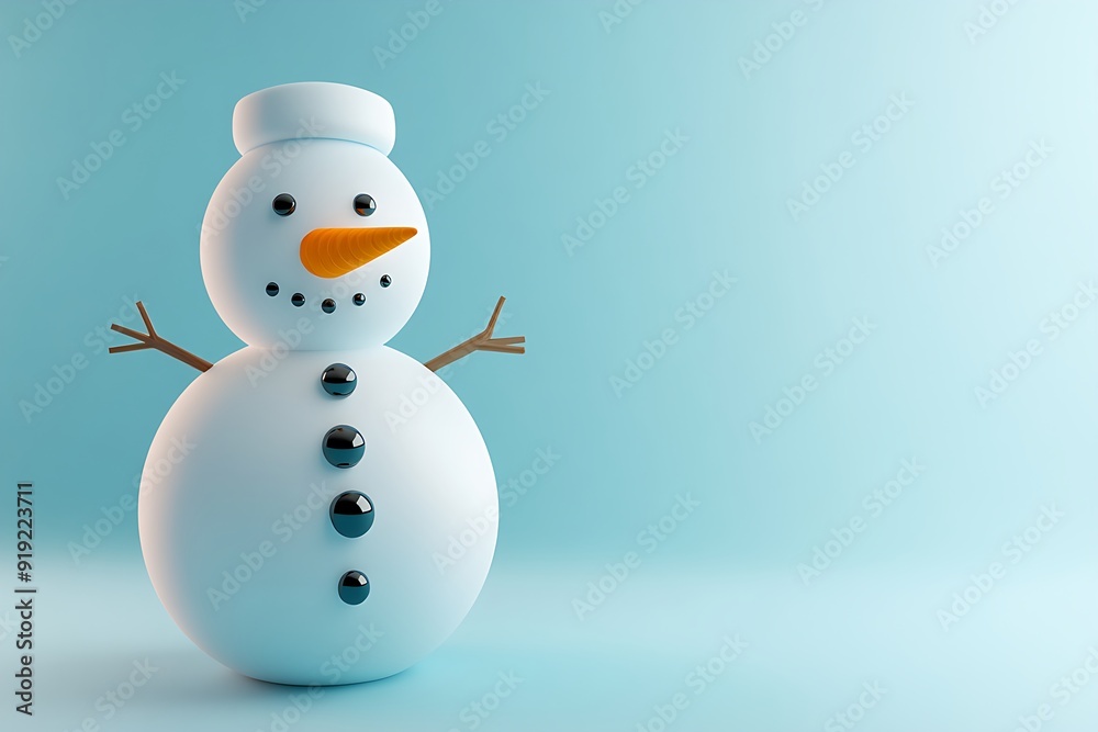 Simple snowman with a carrot nose and twig arms, standing on a blue background.