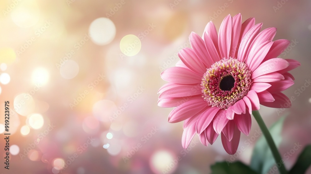 Pink gerbera daisy on magical bokeh background with ample copy space for text Pink gerbera daisy on magical bokeh background with ample copy space for text