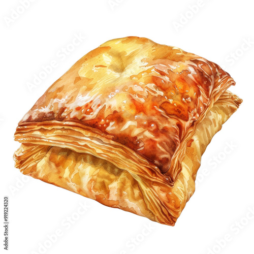 Watercolor puff pastry, bakery treat, golden and flaky photo