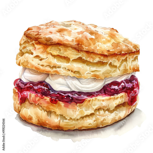 Watercolor scone, bakery pastry, with clotted cream and jam, detailed and vibrant, isolated on white background