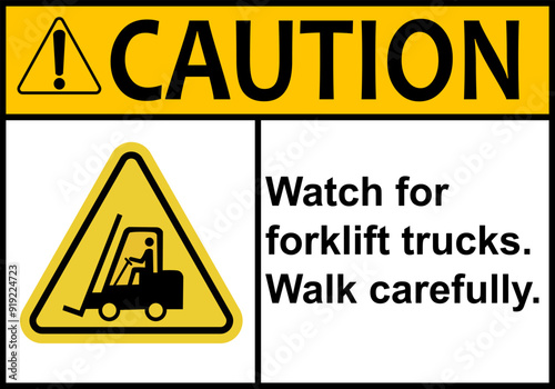 Forklift sign. Forklift traffic zones in industrial and warehouse areas. Loading and unloading at transport terminals and construction sites. Lifting and moving heavy loads. Forklift warning.