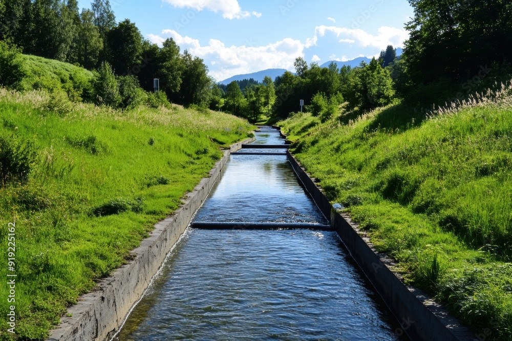 A restored riverbank features micro-hydropower stations, illustrating the balance between environmental conservation, renewable energy, and ecological restoration. A restored riverbank features micro-hydropower stations, illustrating the balance between environmental conservation, renewable energy, and ecological restoration.
