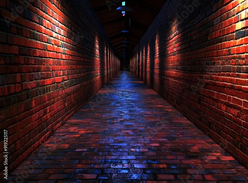 Brick Corridor With Dark Lighting And Blue Light Effect