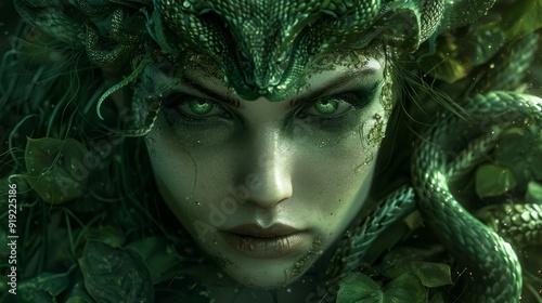 Medusa surrounded by snakes and foliage in a mystical forest setting