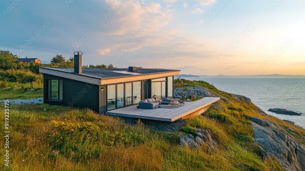 Modern minimal house, dark tone in nature by ocean, AI generated for Ads Modern minimal house, dark tone in nature by ocean, AI generated for Ads