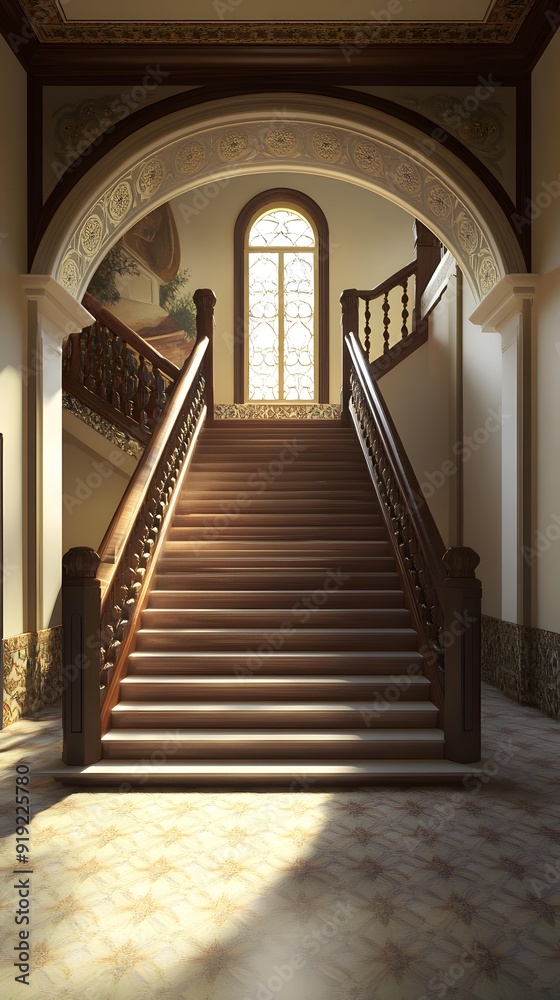 Obraz premium Grand Staircase with Ornate Railing and Decorative Ceiling