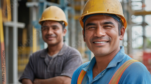 Joyful Building Contractor and Construction Worker Collaborating on a Project at a Construction Site