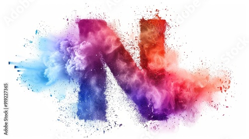 Colorful splashes of dust and smoke form a bold letter N against a white background photo