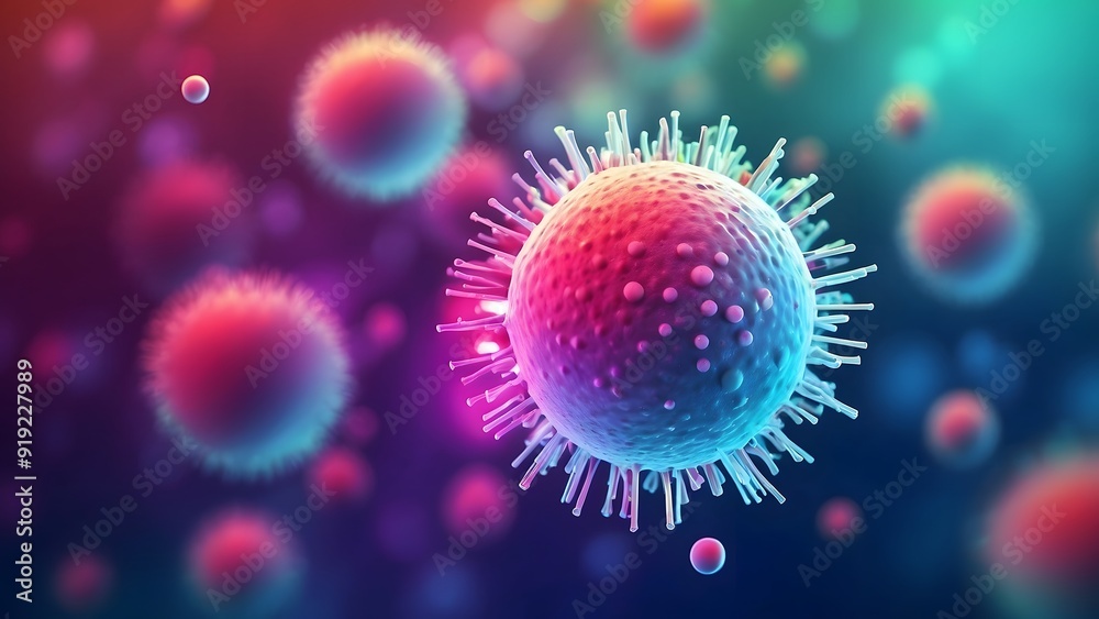 A 3D rendered illustration of a hepatitis C virus, stunning close-up, dynamic round vibrant shaped viruses, floating on a blurred modern background, hepatitis day, liver day, heart day, health day A 3D rendered illustration of a hepatitis C virus, stunning close-up, dynamic round vibrant shaped viruses, floating on a blurred modern background, hepatitis day, liver day, heart day, health day