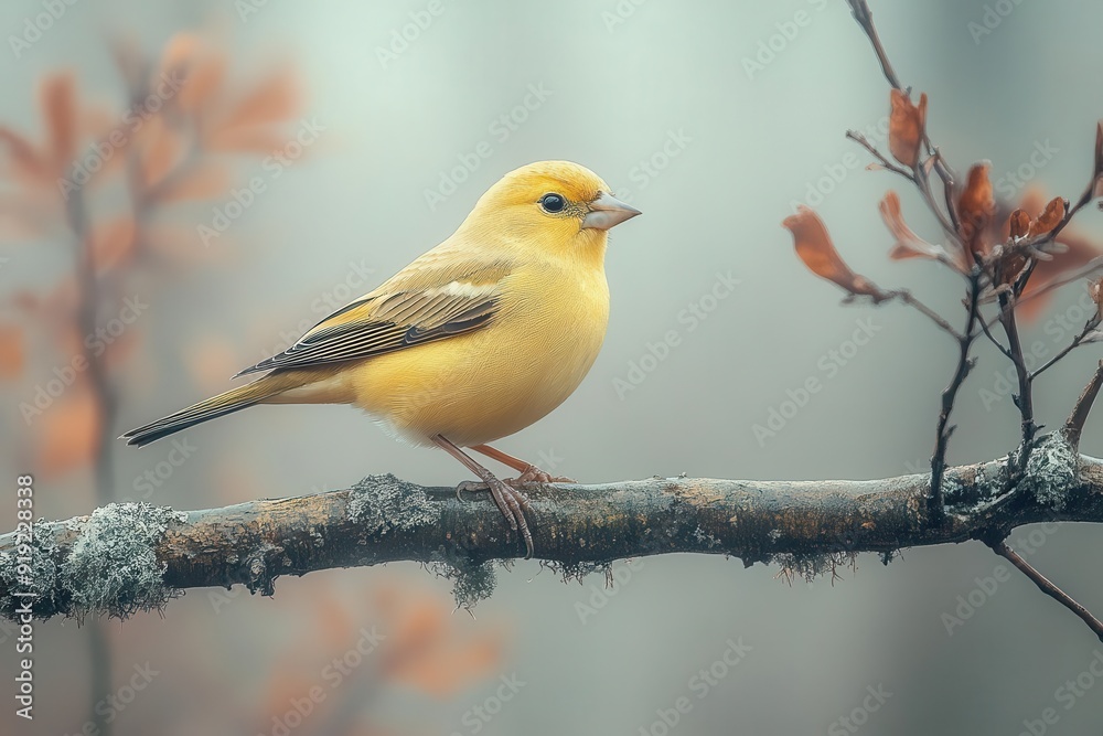 majestic american goldfinch perched on gnarled branch against misty forest backdrop golden plumage contrasts with weathered wood textures