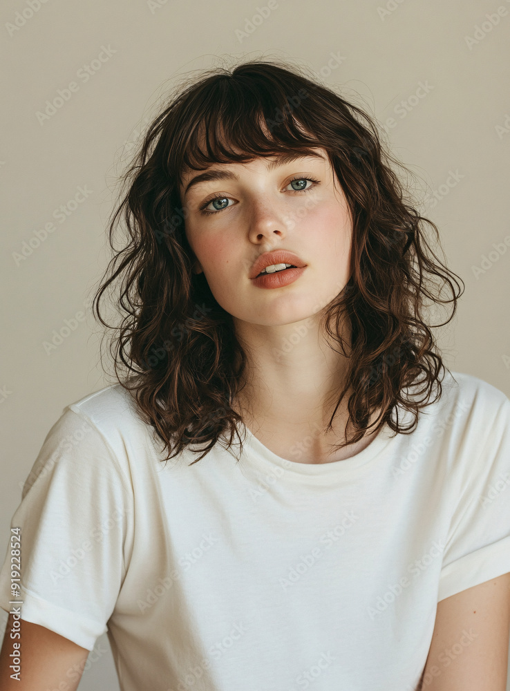 Confident woman in oversized t-shirt posing against plain background. Confident woman in oversized t-shirt posing against plain background.
