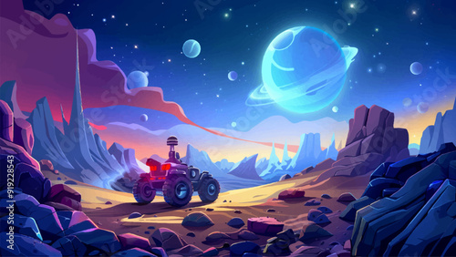 Rover on Alien Planet Cartoon Landscape Environment Illustration Extraterrestrial Terrain Futuristic Vehicle Alien World Rocky Surface Setting Adventure Exploration Game Design