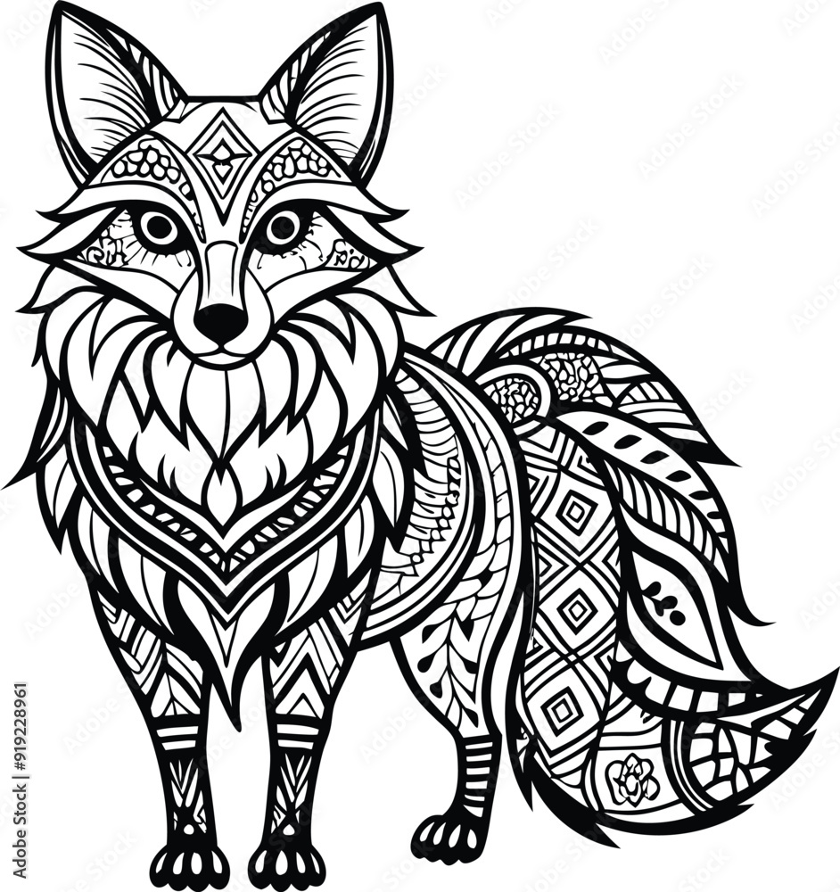 Fototapeta premium Tribal Fox Outline Art with Boho Patterns, Black and White High Detail, Thin Line Maximalist Design