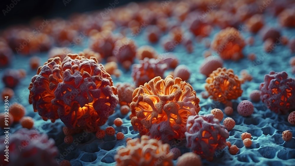 Fototapeta premium A 3D rendered illustration of a hepatitis C virus, stunning close-up, dynamic round vibrant shaped viruses, floating on a blurred modern background, hepatitis day, liver day, heart day, health day