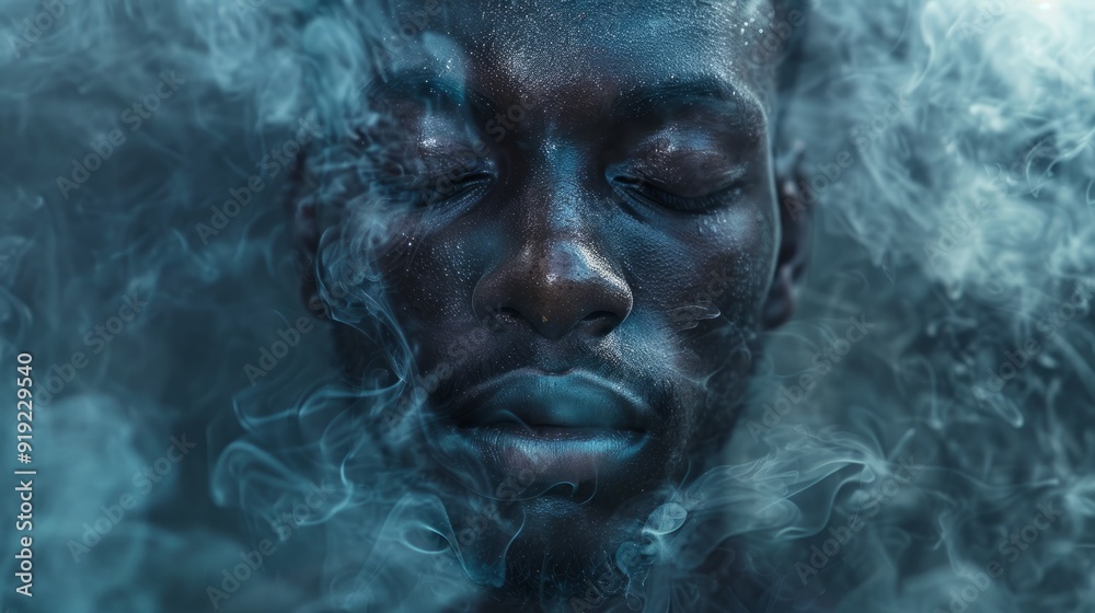 A person with closed eyes surrounded by swirling smoke in a moody atmosphere A person with closed eyes surrounded by swirling smoke in a moody atmosphere