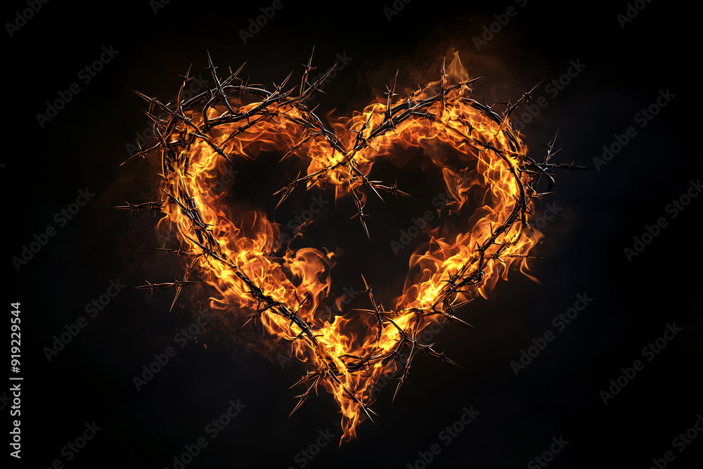 Fototapeta premium Burning heart with thorns on a dramatic black background