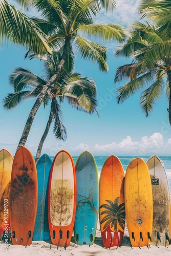 Surfboards on the Beach Under Palm Trees