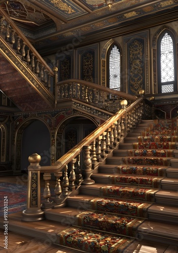 Ornate Staircase Interior Design With Wooden Handrail And Gold Accents