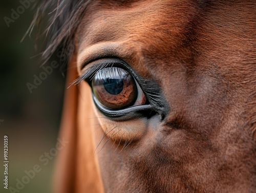 A close-up of a horse's eye, reflecting the surrounding countryside, with details of the animal's lashes and fur in focus