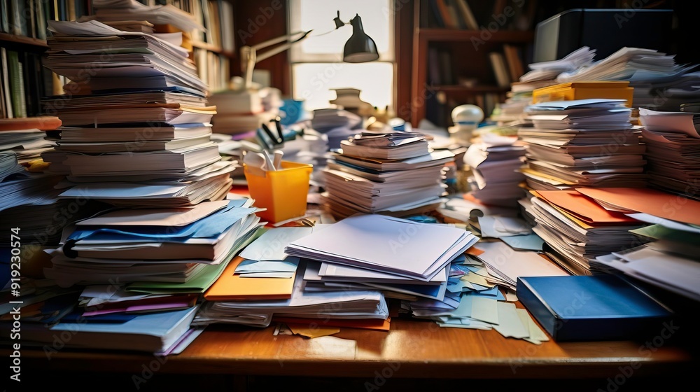 Obraz premium A cluttered desk filled with stacks of papers, notebooks, and colorful stationary, highlighting a chaotic workspace.