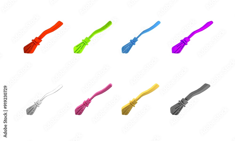 Colorful Witches broom icon isolated on white background. Happy Halloween party. Minimalism concept. 3D render illustration Colorful Witches broom icon isolated on white background. Happy Halloween party. Minimalism concept. 3D render illustration