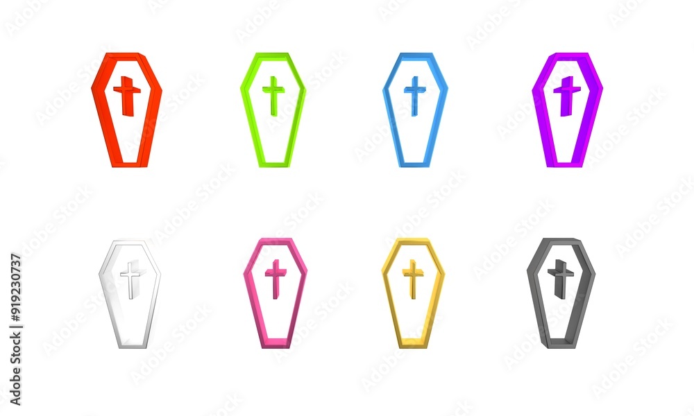 Colorful Coffin with christian cross icon isolated on white background. Happy Halloween party. Minimalism concept. 3D render illustration Colorful Coffin with christian cross icon isolated on white background. Happy Halloween party. Minimalism concept. 3D render illustration