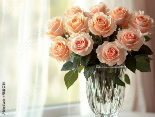 A detailed image of a bouquet of roses in a crystal vase, with droplets of water on the petals and the soft light of a nearby window illuminating the scene