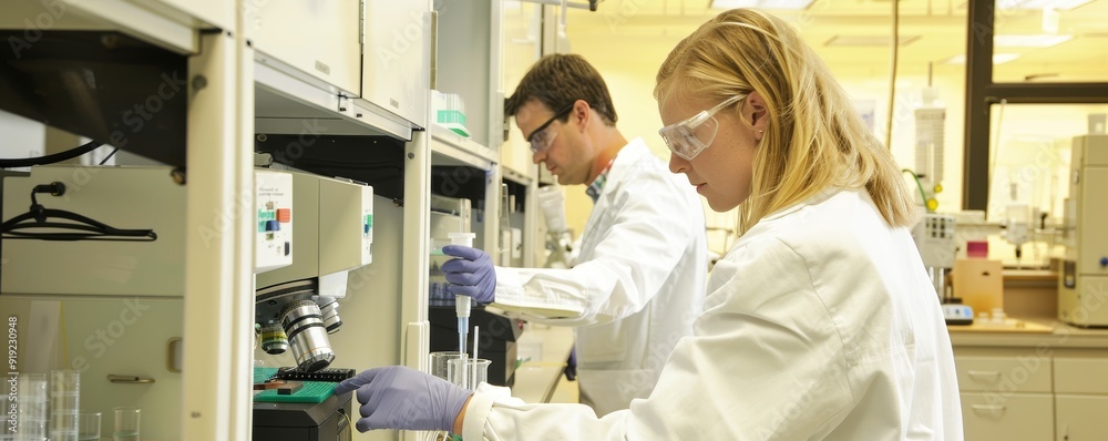 Obraz premium Technicians in a sterile lab environment working on cutting-edge experiments and data analysis