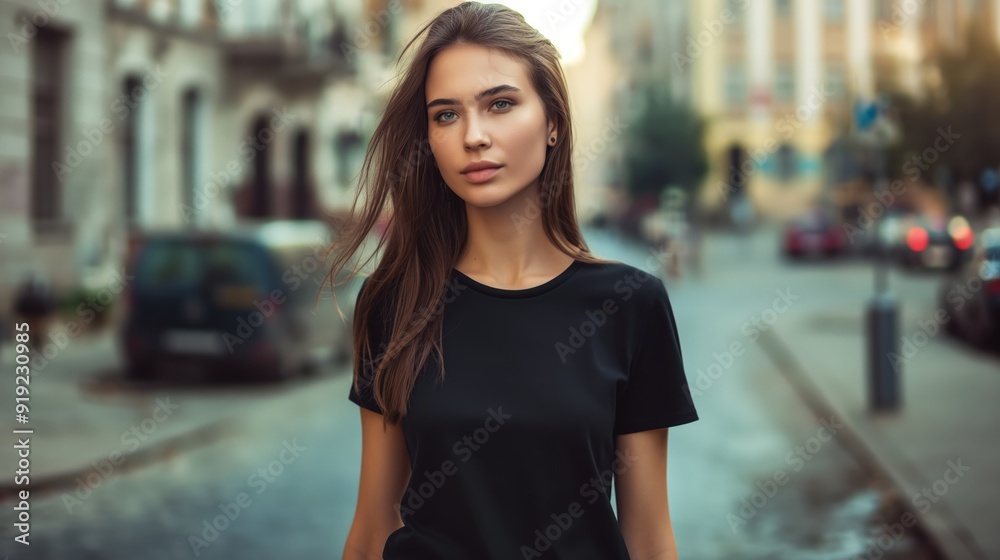 Young Woman with Long Hair in Black T-Shirt Walking in an Urban Street at Sunset Young Woman with Long Hair in Black T-Shirt Walking in an Urban Street at Sunset