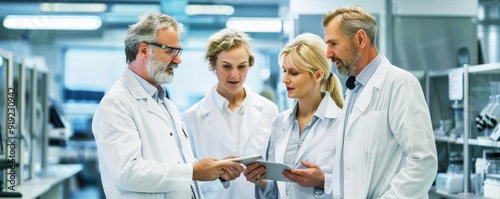 A team of scientists discussing results on a digital tablet in a high-tech laboratory