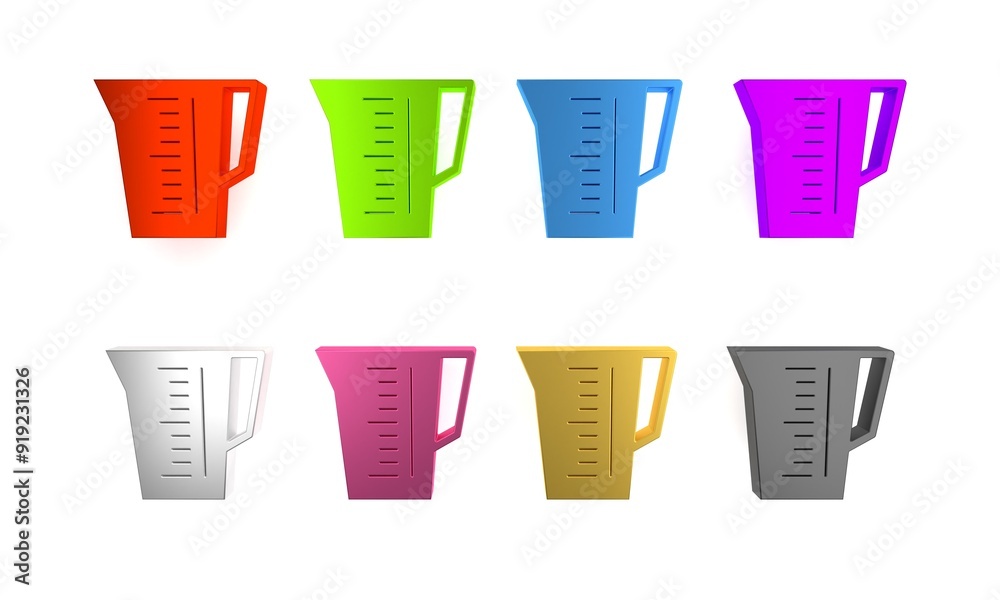 Colorful Measuring cup to measure dry and liquid food icon isolated on white background. Plastic graduated beaker with handle. Minimalism concept. 3D render illustration Colorful Measuring cup to measure dry and liquid food icon isolated on white background. Plastic graduated beaker with handle. Minimalism concept. 3D render illustration