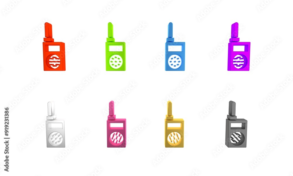Colorful Walkie talkie icon isolated on white background. Portable radio transmitter icon. Radio transceiver sign. Minimalism concept. 3D render illustration Colorful Walkie talkie icon isolated on white background. Portable radio transmitter icon. Radio transceiver sign. Minimalism concept. 3D render illustration
