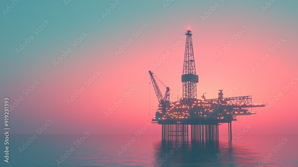 Offshore Oil Rig at Sunset with Pink and Blue Sky Offshore Oil Rig at Sunset with Pink and Blue Sky