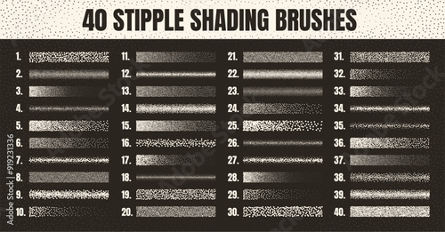 Stipple scatter brush, ink drawing and texturing. Fading gradient. Stippling, dotwork drawing, shading using dots. Halftone disintegration effect. White noise grainy texture. Vector illustration