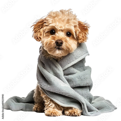 Full view of Cute Maltipoo Dog wrapped in towel Isolated on transparent background.