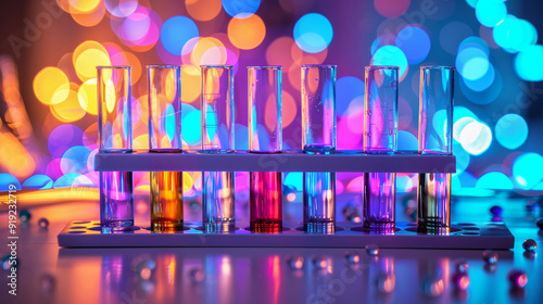 Lab bench with an array of colorful test tubes, representing cutting-edge experiments and a vivid blurred background photo