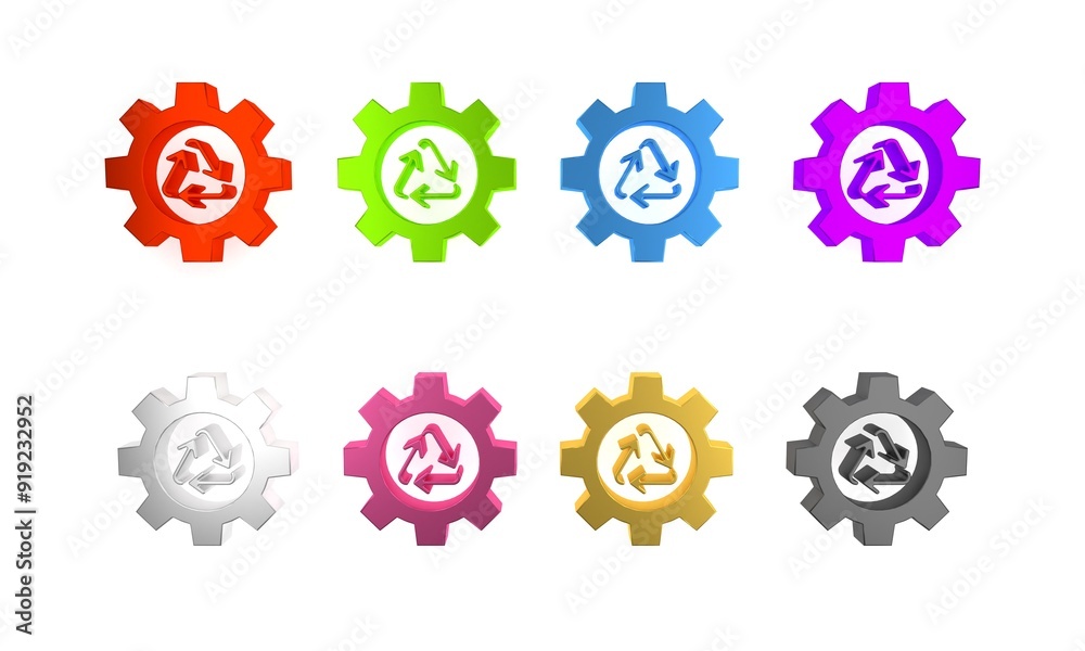 Colorful Recycle symbol and gear icon isolated on white background. Circular arrow icon. Environment recyclable go green. Minimalism concept. 3D render illustration Colorful Recycle symbol and gear icon isolated on white background. Circular arrow icon. Environment recyclable go green. Minimalism concept. 3D render illustration