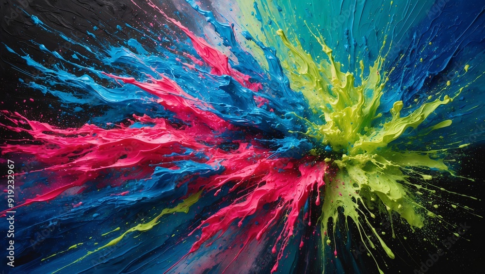 Abstract Energy and Motion: Vibrant Explosions of Electric Blue, Hot Pink, and Lime Green on a Dark Gradient Background