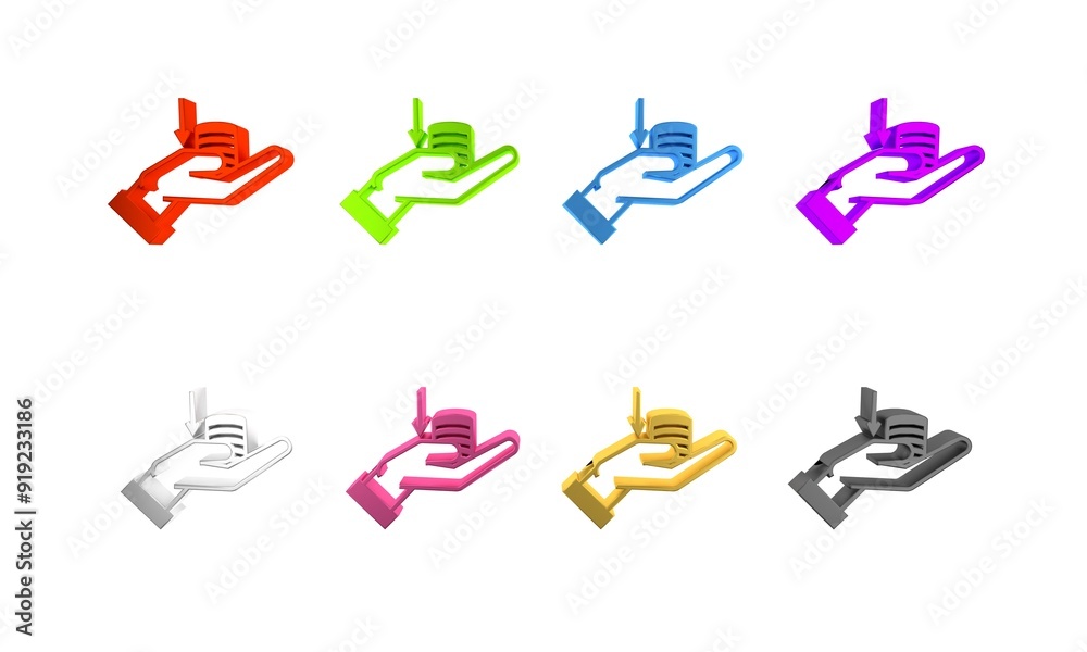Colorful Money on hand icon isolated on white background. Palm holds cash with down. Cash salary decrease. Minimalism concept. 3D render illustration Colorful Money on hand icon isolated on white background. Palm holds cash with down. Cash salary decrease. Minimalism concept. 3D render illustration