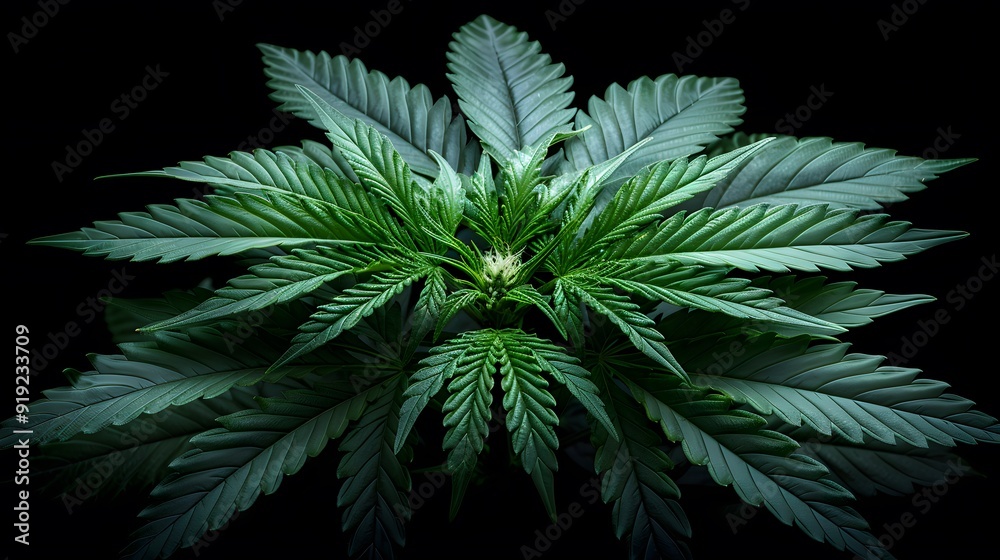 Marijuana leaves on a black background, close up top view on cannabis leaves and branches on black background for alternative medical and marketing design concept Marijuana leaves on a black background, close up top view on cannabis leaves and branches on black background for alternative medical and marketing design concept