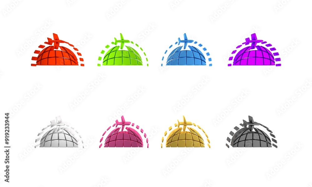 Colorful Globe with flying plane icon isolated on white background. Airplane fly around the planet earth. Aircraft world icon. Minimalism concept. 3D render illustration Colorful Globe with flying plane icon isolated on white background. Airplane fly around the planet earth. Aircraft world icon. Minimalism concept. 3D render illustration