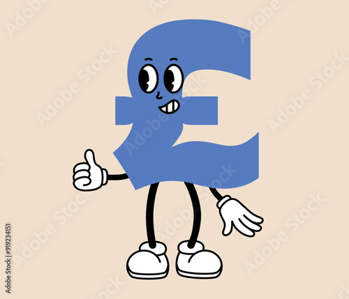 Groovy pound cartoon character. Funny retro money mascot with face emotion, hands and legs. Fun monetary sticker. Comic element in trendy retro style. Vector illustration