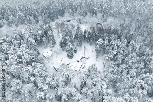 River in the forest in winter. Top view.