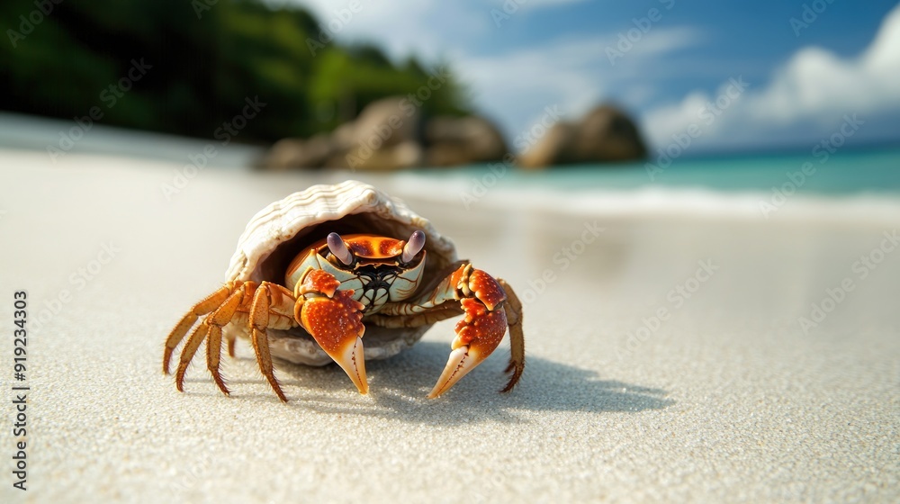 A Crab with Orange Claws in a Shell on a Beach A Crab with Orange Claws in a Shell on a Beach