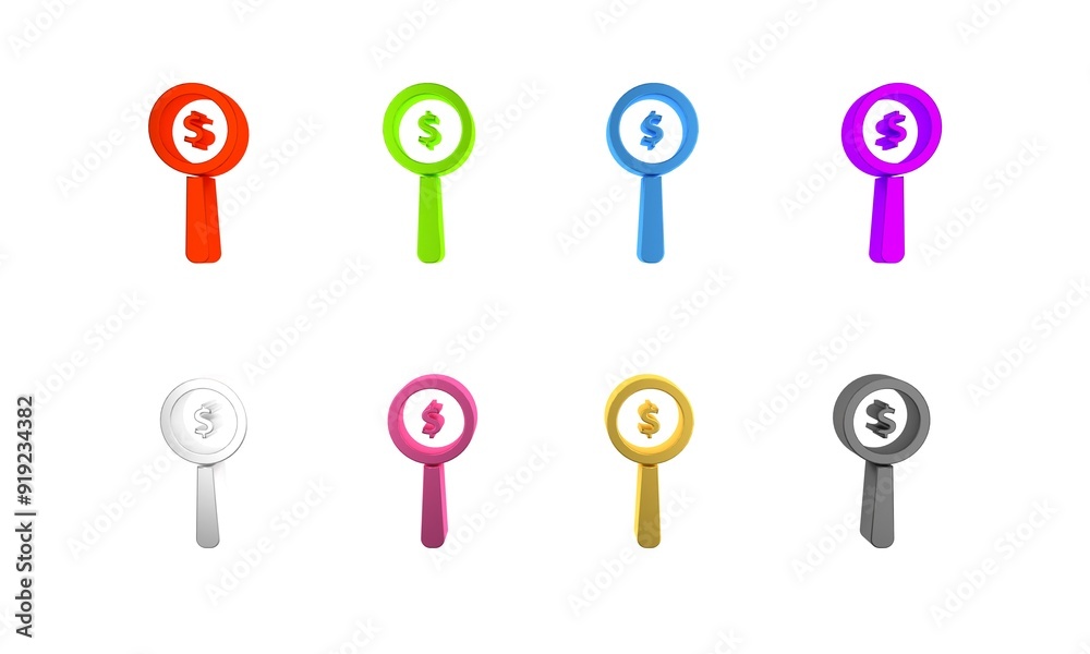 Colorful Magnifying glass and dollar symbol icon isolated on white background. Find money. Looking for money. Minimalism concept. 3D render illustration