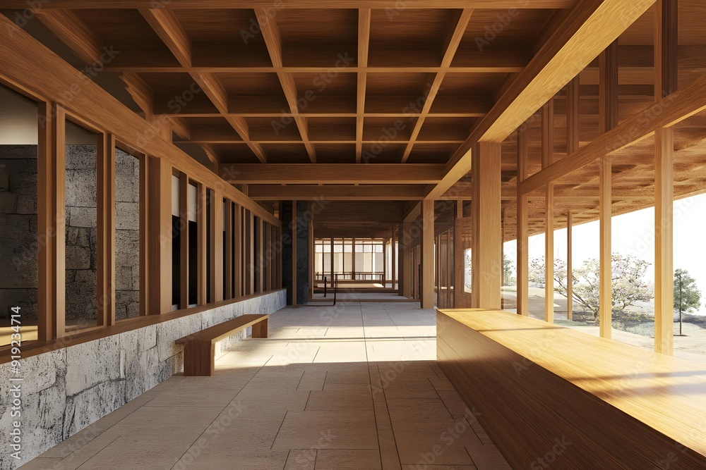 Modern Architecture Design With Wooden Beams and Stone Walls Modern Architecture Design With Wooden Beams and Stone Walls