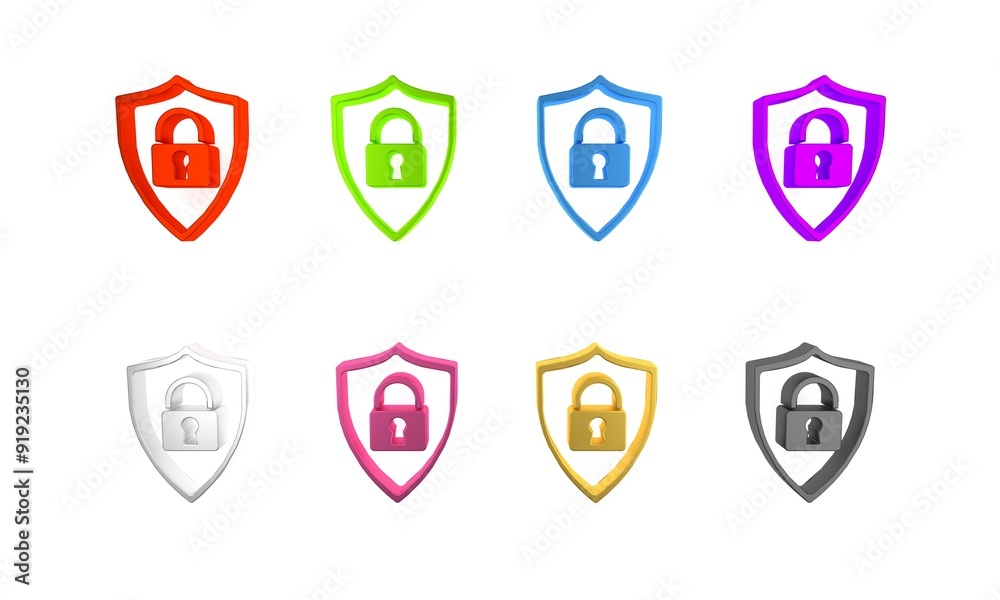 Colorful Shield security with lock icon isolated on white background. Protection, safety, password security. Firewall access privacy sign. Minimalism concept. 3D render illustration Colorful Shield security with lock icon isolated on white background. Protection, safety, password security. Firewall access privacy sign. Minimalism concept. 3D render illustration