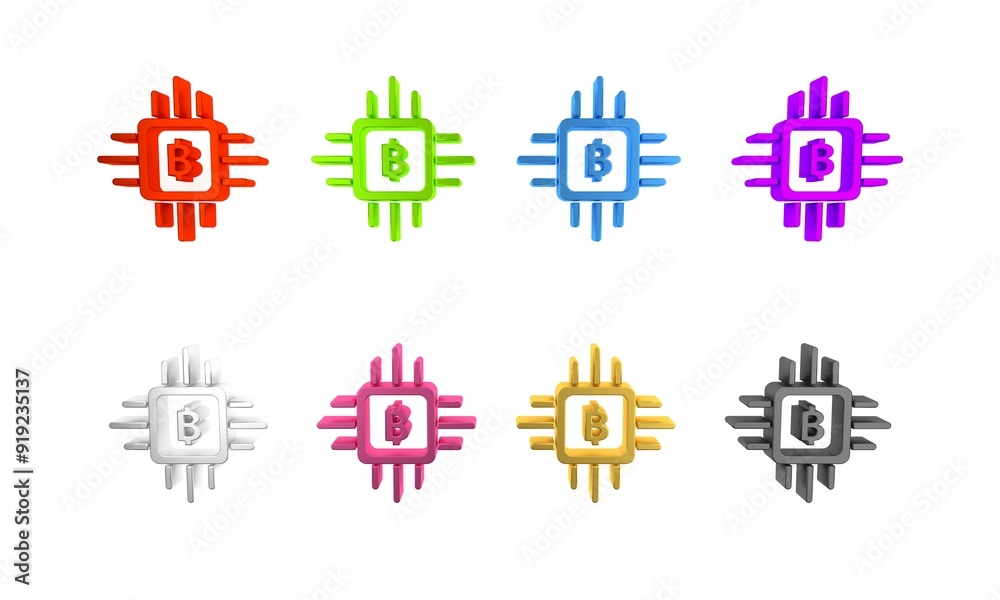 Colorful CPU mining farm icon isolated on white background. Bitcoin sign inside processor. Cryptocurrency mining community. Digital money. Minimalism concept. 3D render illustration Colorful CPU mining farm icon isolated on white background. Bitcoin sign inside processor. Cryptocurrency mining community. Digital money. Minimalism concept. 3D render illustration
